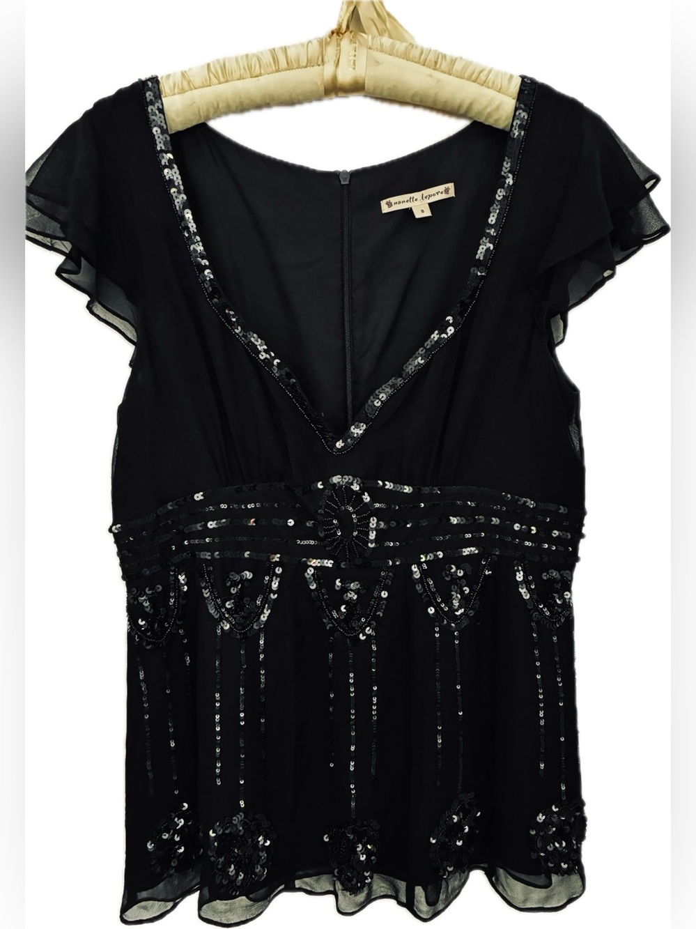 Nanette Lepore Black Sequin-Embellished Flutter Sleeve Top